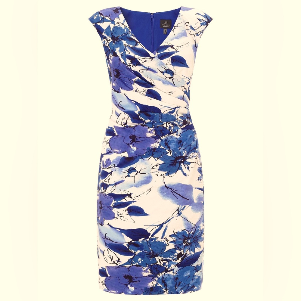 Adrianna Papell Dress Beautiful Blue Floral Print on White - Faux Wrap -  NWOT!